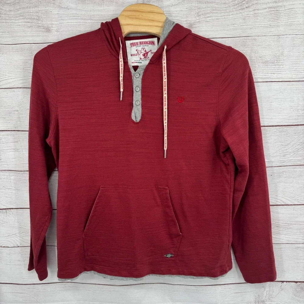 True Religion Hoodie‎ Pullover Henley Kangaroo Pocket Red Casual Size 3XL